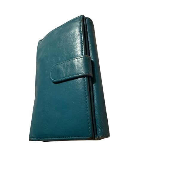 Rare Vintage Laurel Burch Teal Leather Wallet with Silver Horse Motif Trifold - Picture 2 of 8